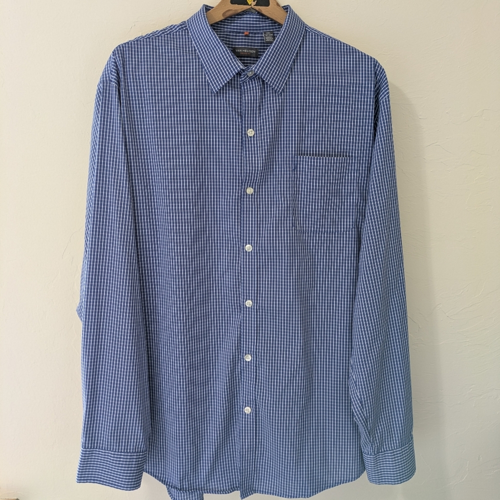 Van Heusen Men's Long Sleeve Button Up Dress Shirt Blue White Plaid XXL 18-18.5